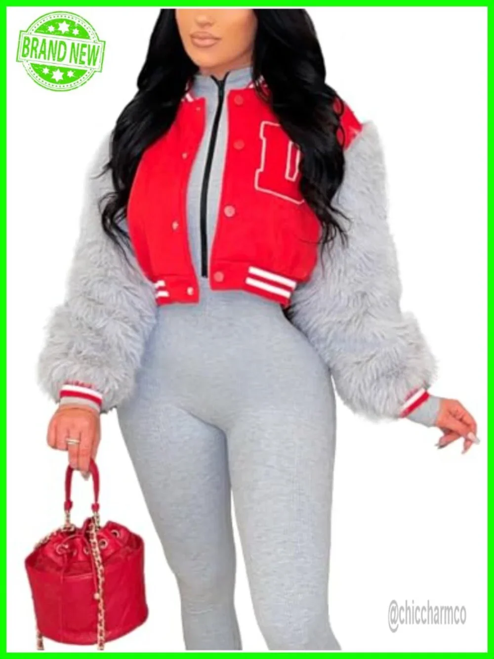 Women's Cropped Varsity Jacket Faux Fur Sleeve Letterman Button Up Casual